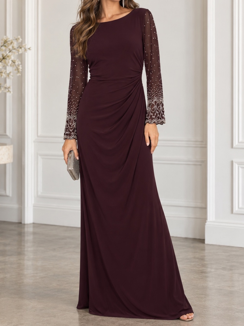 Camille La Vie Burgundy Beaded Pearl Sleeve Ruched Formal Maxi Gown Size 10